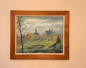 Framed pastoral landscape painting with wood frame