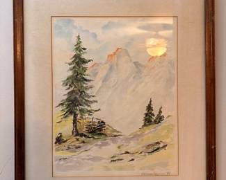 Framed mountain landscape watercolor