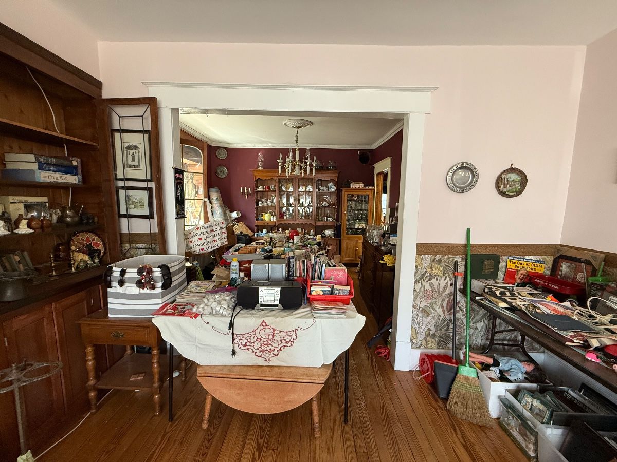 Frames, dining room table, glassware, cabinets, stereo system