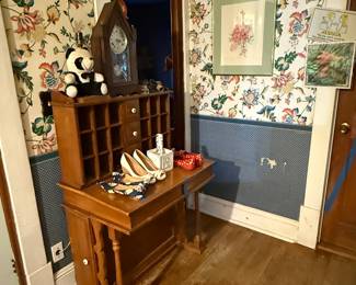 Desk, vintage secretary desk, art, clock, shoes