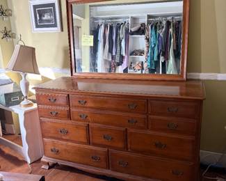 Dresser, lamp, coffee table, art, cedar chest