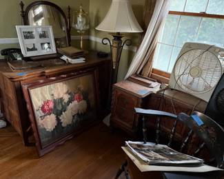 Antique furniture, vintage furniture, dressers, art, lamp, floor lamp, mirror, desk chair, telephone