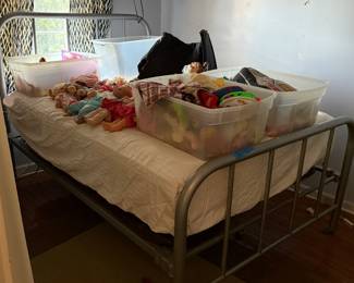 Metal bed, full size bed, rug, toys, lamp, gaming TV