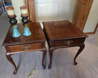 Pair of Queen Anne Style End Tables with Drawer Candlesticks