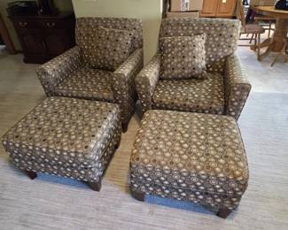 Pair of Upholstered Armchairs with Matching Ottomans Accent Pillows