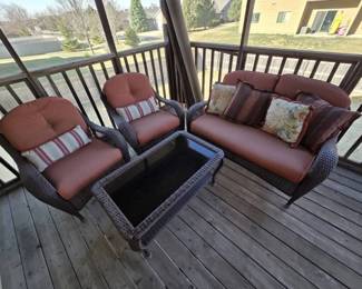 4Piece Wicker Patio Set with Cushions Sofa, 2 Chairs GlassTop Table