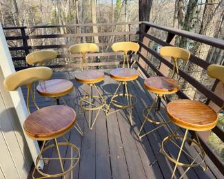 Set of 6 bar stools, sturdy and comfortable with wood seats and a great vintage look.