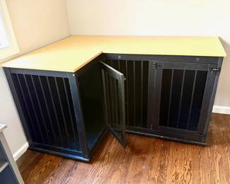 Double dog crate furniture with wood top, two compartments, sturdy and blends nicely into a room.
