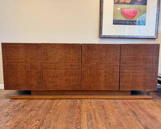a Brutalist-inspired textured wood buffet/sideboard (originally $10,000)