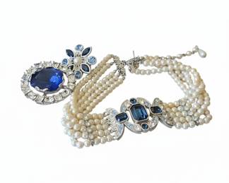 Faux Pearl MultiStrand Bracelet and Brooch Set with Blue Rhinestones and Decorative Clasp