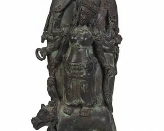 Bronze Statue of Goddess Durga on her Vahana Lion or Tiger