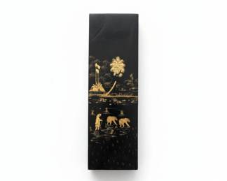 Vintage Black Lacquer Panel with Gilt Scene