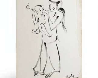B K Mother and Child Ink Drawing