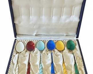 Set of Six Egon Lauridsen ELA Denmark Sterling Silver Guilloch Enamel Spoons