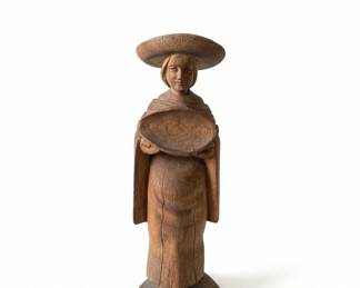 HandCarved Wooden Figurine of a Woman with Hat and Discs