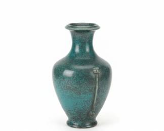 Art Deco Speckled Teal Glazed Ceramic Vase with Handles