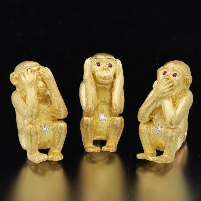 Three Wise Monkeys Gold, Diamond and Ruby 3D Figural Brooches 