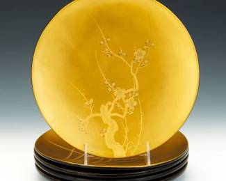 Japanese Five Lacquer Gilt Wooden Plates, in Presentation Boxes 