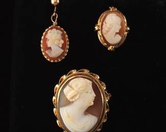 14K Shell Cameo and Two Odd Gold Cameo Earrings