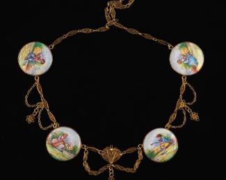 Antique European Gold and Enamel on Bronze Plaques Drape Necklace