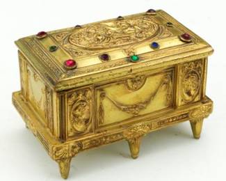 French Antique DOre Bronze and Paste Jewels Vanity Casket 