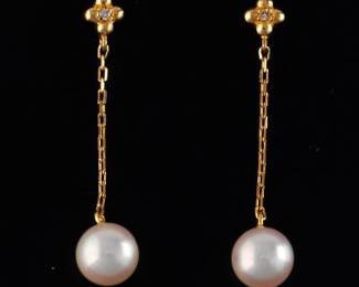 Mikimoto Pair of Gold, Pearl and Diamond Dangle Earrings 