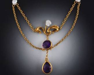 Art Nouveau Gold, Amethyst and Seed Pearl Necklace 