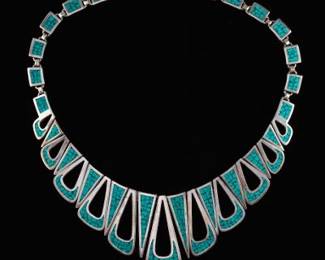 Artisan TAXCO Mexico Sterling Silver and Turquoise Mosaic Fringe Necklace 