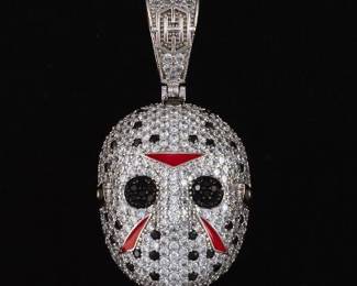 Novelty Sterling Silver, Enamel, Black Spinel and Clear Stones Jason Vorhees Mask Pendant 