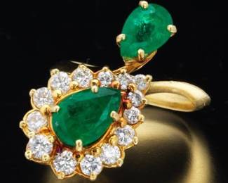 Ladies Gold, Emerald and Diamond Bypass Ring 