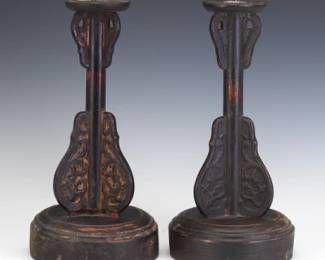 Pair of Carved Wood Candle Holders