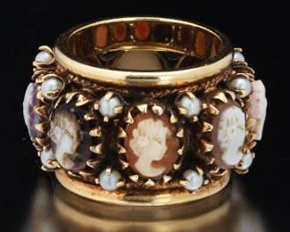 Ladies Renaissance Revival Style Gold, Cameos and Pearl Eternity Band 