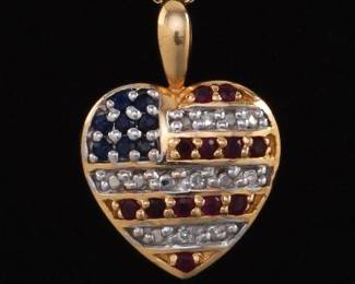 American Flag Gold, Blue Sapphire, Ruby and Diamond Heart Pendant on Chain 
