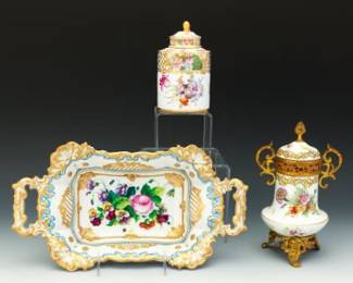 Three European Rococo Style Porcelain Hand Painted Objects, Germany and Bohemia 