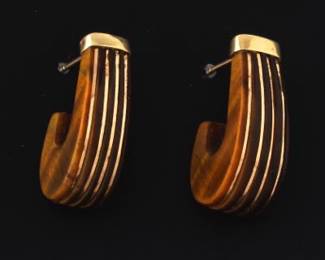 Ladies Vintage Pair of Gold and Carved Tigers Eye Scroll Earrings 