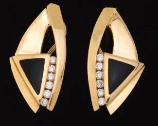 14K Yellow Gold Diamond and Onyx Earrings 