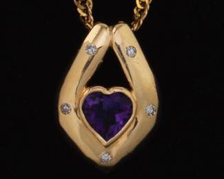 14K Gold Amethyst and Diamond Pendant On A Gold Chain