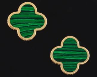 Ladies Italian VCA Style Gold and Malachite Earrings 