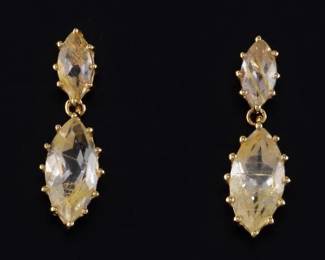 Ladies Pair of Gold and Rutilated Quartz Dangle Earrings 