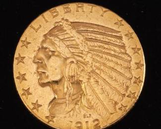 1912 $5 Indian Head Gold Coin Series Minted 1908  1929