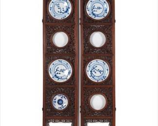 Pair of Chinese Hardwood Plate Stands with Blue and White Porcelain Plates 