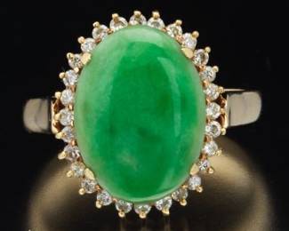 Ladies Gold, Green Jadeite Jade and Diamond Ballerina Ring 