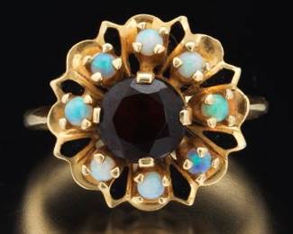 Ladies Gold, Garnet, Opal and Black Enamel Ring 