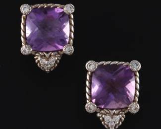 Judith Ripka Pair of Sterling Silver, Amethyst and Clear Stones Ear Clips 
