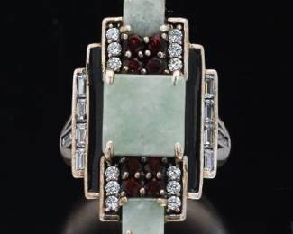 Lester Joy Art Deco Style Sterling Silver, Green Quartz, Garnet and Clear Stones Ring