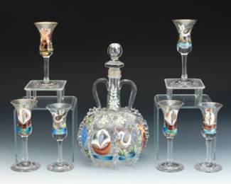 Antique Dutch Glass Decanter Set with Six Cordial Glasses 