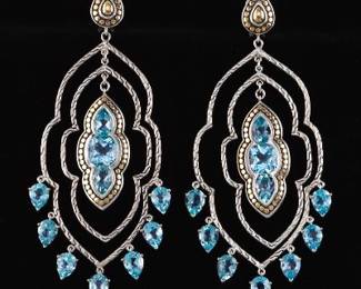 John Hardy Pair of 18K Gold, Sterling Silver and Blue Topaz Oversized Earrings 