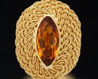 Ladies 18K Gold and Amber Citrine Basket Weave Ring 