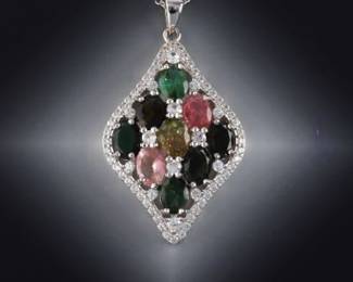Ladies Sterling Silver, Muti Color Turmaline and Clear Gem Stones Pendant on Chain 
