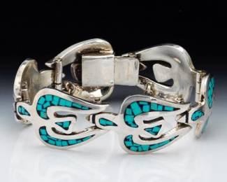 Taller TAXCO Mexican Sterling Silver and Turquoise Mosaic Eagles Bracelet 